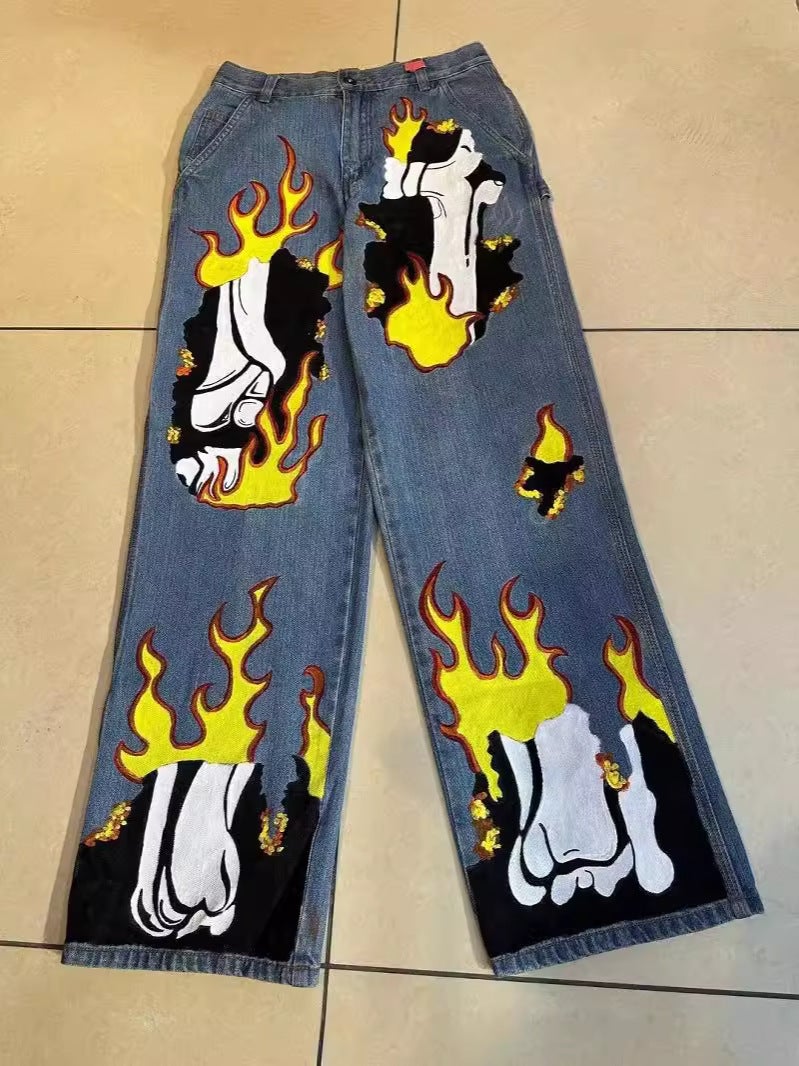 Y2K Street Wear Flame Skull Pattern Jeans High Street Couple 2024 Fashion Basketball Pants Clothing - Image 2